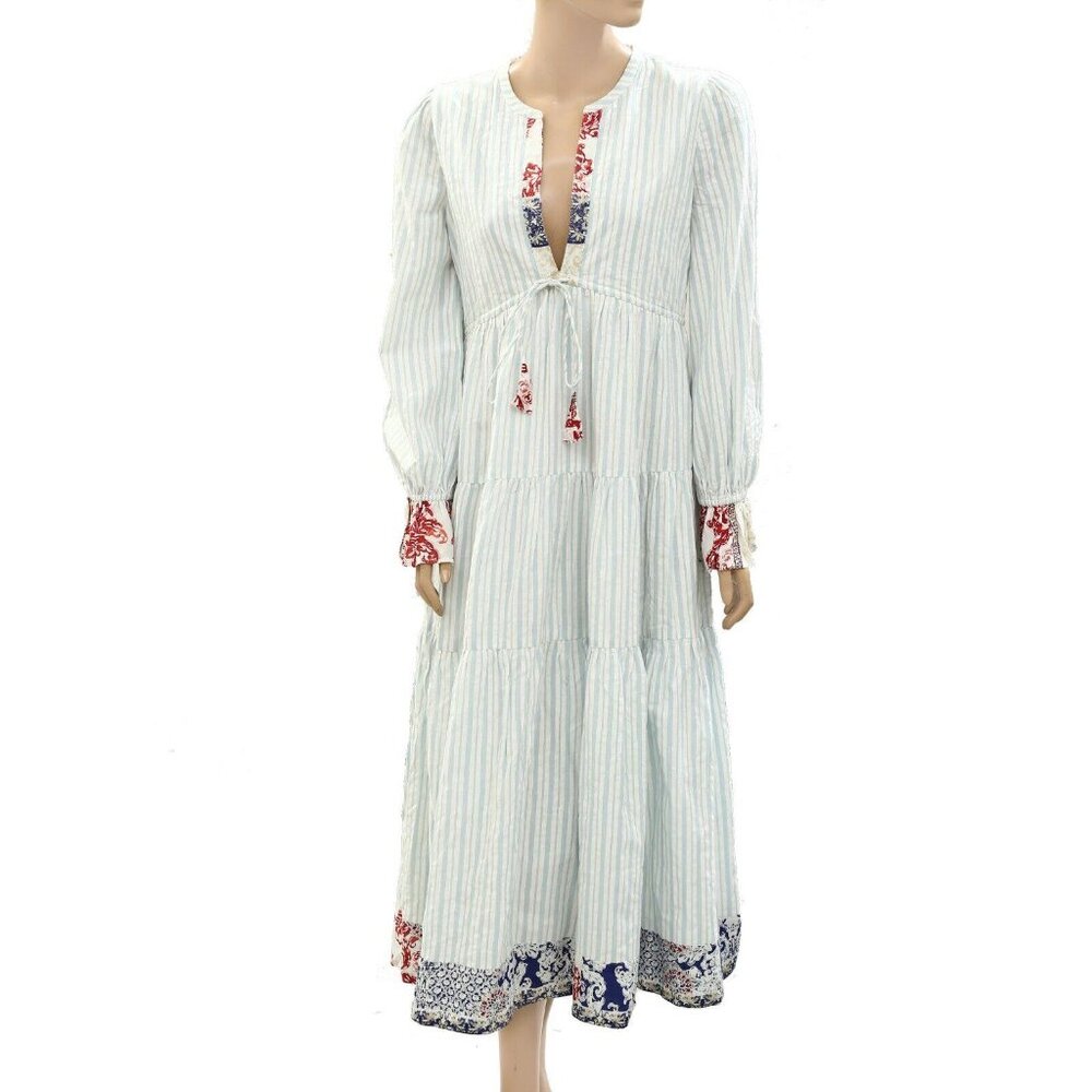 Saylor Anthropologie Striped Printed Midi Dress Long Sleeve Cotton S NEW 273775